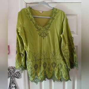 Reba Shirt Size XL Blouse Asymmetrical Green  Long Sleeve Embroidered Cotton Boh